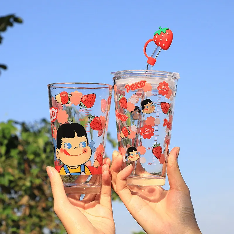 Мультяшные стеклянные стаканы для воды с крышкой в виде соломинок милые большие