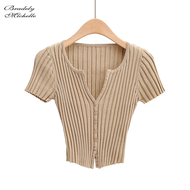BRADELY MICHELLE Women Fashion Streetwear Short-Sleeve Cardigans with Single Breasted Big Elastic Knitted Thin Sweater Crop Tops |