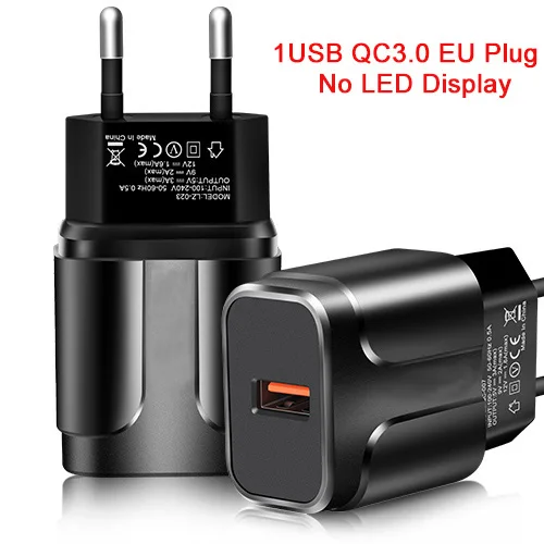 QC3.0 1USB NO LED Светодиодный дисплей, 3 USB зарядного устройства QC3.0, 3 порта, быстрое зарядное устройство, штепсельная вилка европейского стандарта, зарядное устройство для мобильного телефона для samsung, iPhone, Xiaomi, дорожный настенный адаптер - Тип штекера: QC3.0 1USB NO LED