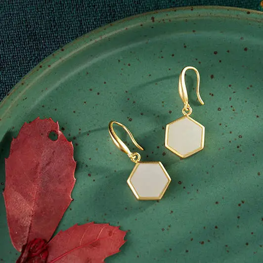 

Geometric Natural Hetian Jade High-Grade Earrings French Exaggerated Fashion Personality Jewelry S925 Silver Earrings Female Tem