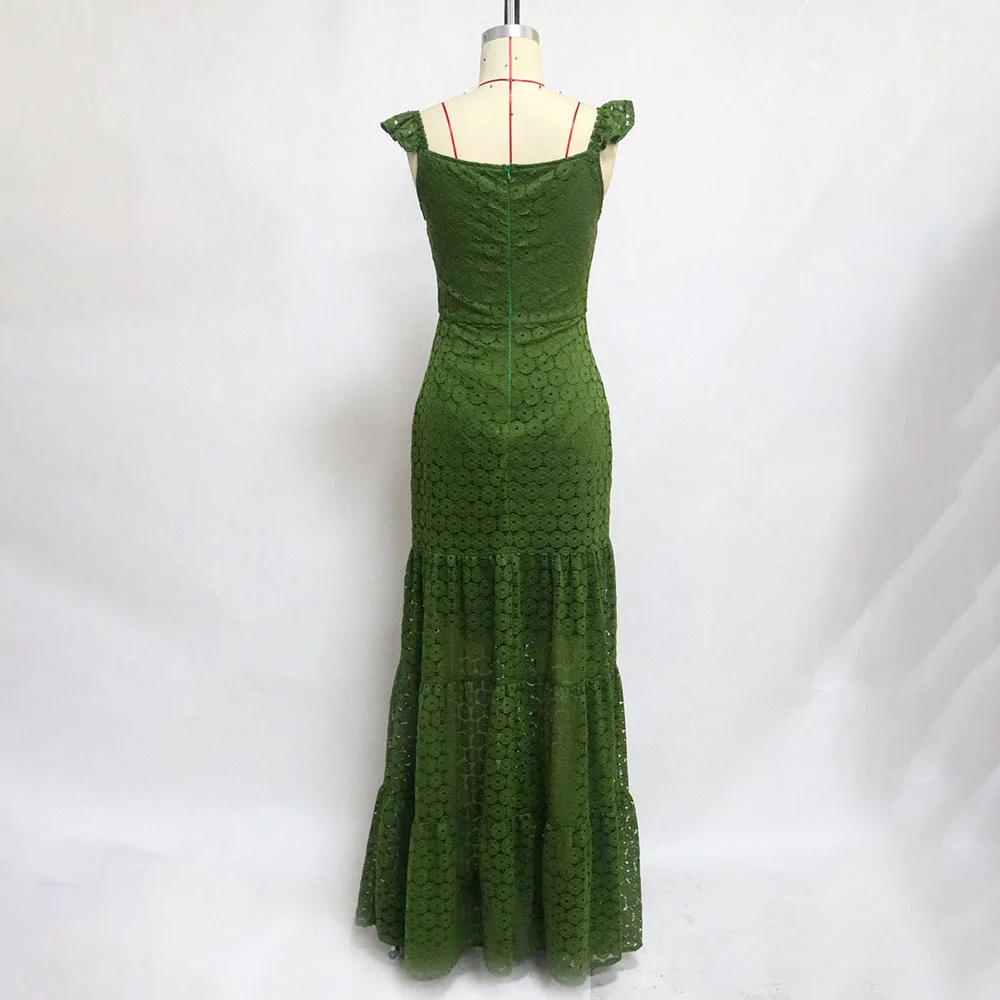 

2021 Europe America Sexy Lace Long Solid Color Women's Dress Green High Waist Sleeveless Fashion Temperament Simplicity Summer