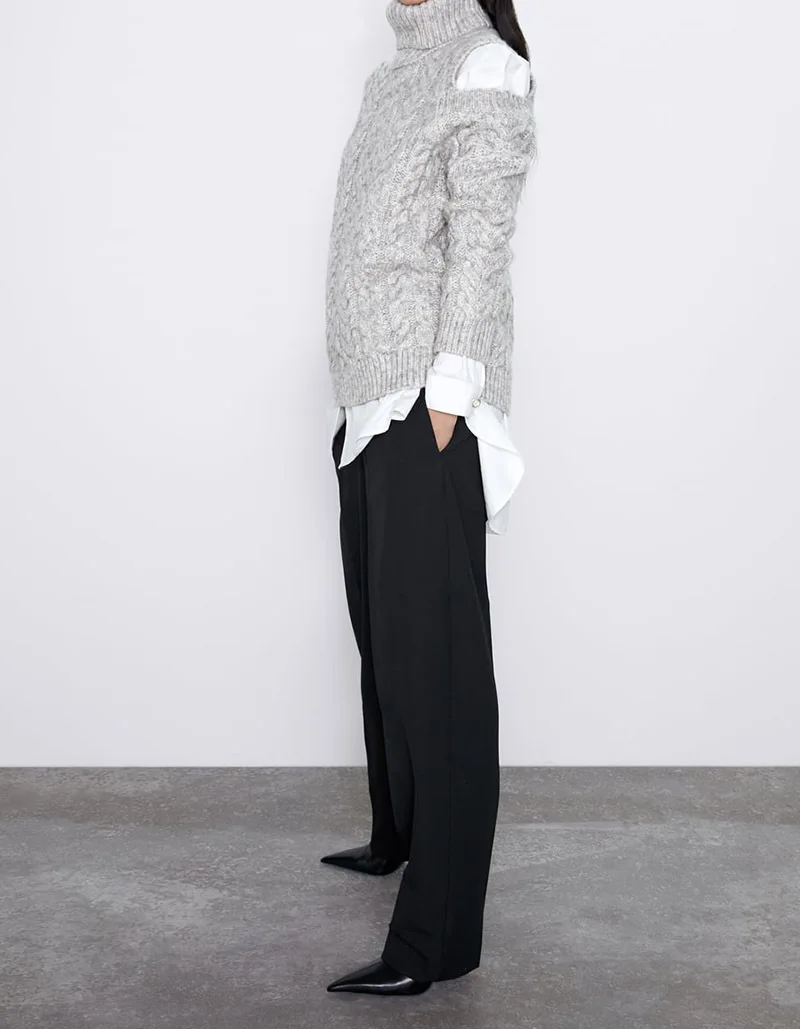 ZA зимние женские серые свитера с открытыми плечами модный тонкий вязаный зимний