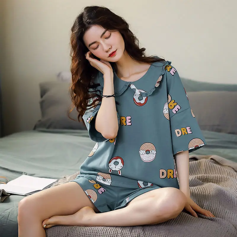 

Пижама женская, тонкая, из двух предметов, с коротким рукавом