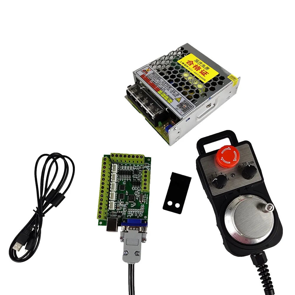 CNC Mach3 5-axis USB motion control card cnc kit 100k 6axis emergency stop electronic handwheel plug and play, 24V75Wpowersupply