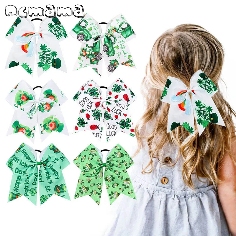 

ncmama 2 Pcs/lot 7" Large St Patrick Day's Cheer Bows For Girls Kids Shamrock LUCK Letter Printed Hair Bows Hair Accessories