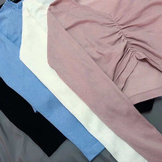 2019 new fashion casual women's clothing High Waist Short Slim V-Neck Sweater Solid Color Sexy Long Sleeve | Женская одежда