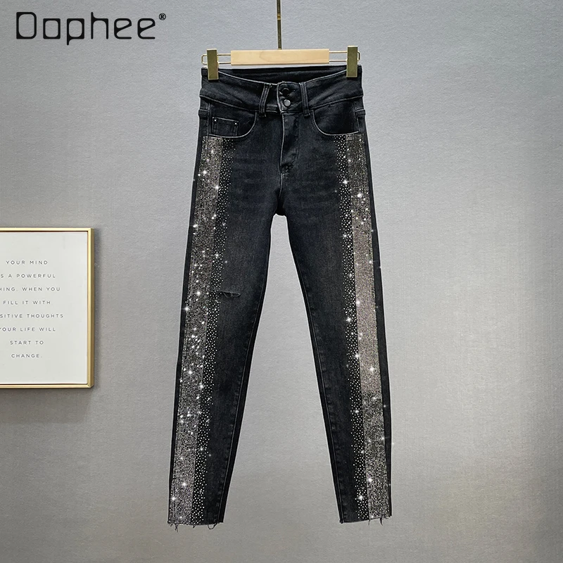 

Женские черные джинсы Стразы с флисовой подкладкой, новинка зимы 2021, женские облегающие джинсы-карандаш с завышенной талией, джинсы-каранда...