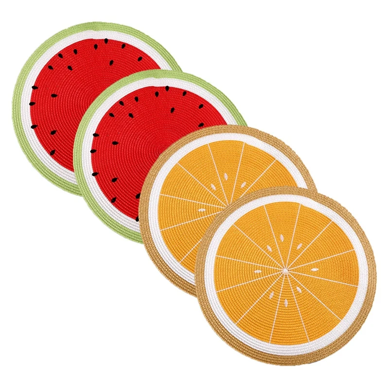 

4 Pcs PP Woven Round Placemat Cartoon Fruit Dining Table Plate Mat Watermelon Lemon Drink Coasters Kitchen Accessories