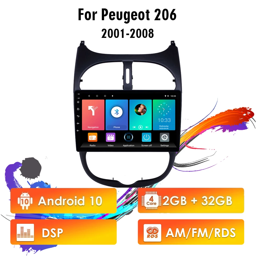 

Eastereggs Android 10 RDS DSP 2 Din Car Radio Car Multimedia Player For Peugeot 206 2001 -2008 GPS Navigation WIFI head unit