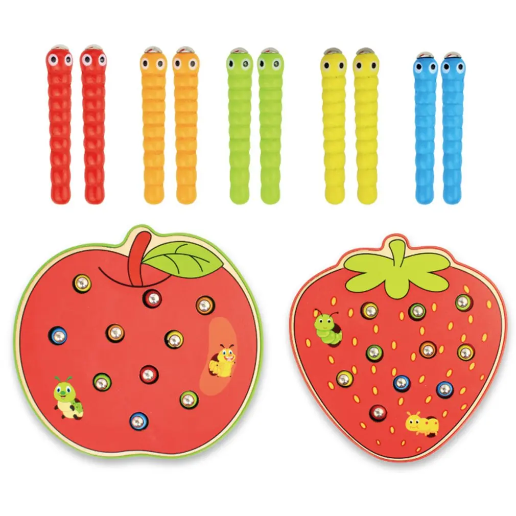 

NEW Baby Wooden Toys 3D Puzzle Early Childhood Educational Toys Catch Worm Game Color Cognitive Magnetic Strawberry Apple