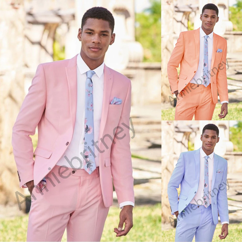 (Jacket+Pants) Tailor-Made Men Fashion Design Pink Slim Fit 2 Piece Suit Men Beach Wedding Best Man Causual Blazer Custom Made