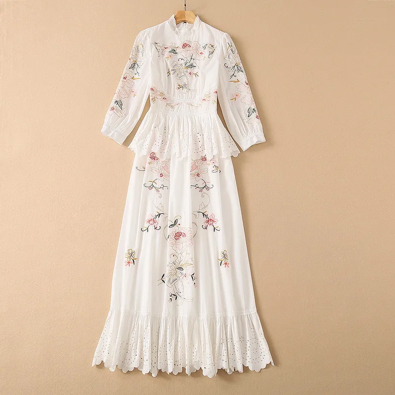 European and American women's wear for spring 2021 Seven-point sleeve collar Hollow out the embroidery Fashion fishtail dress
