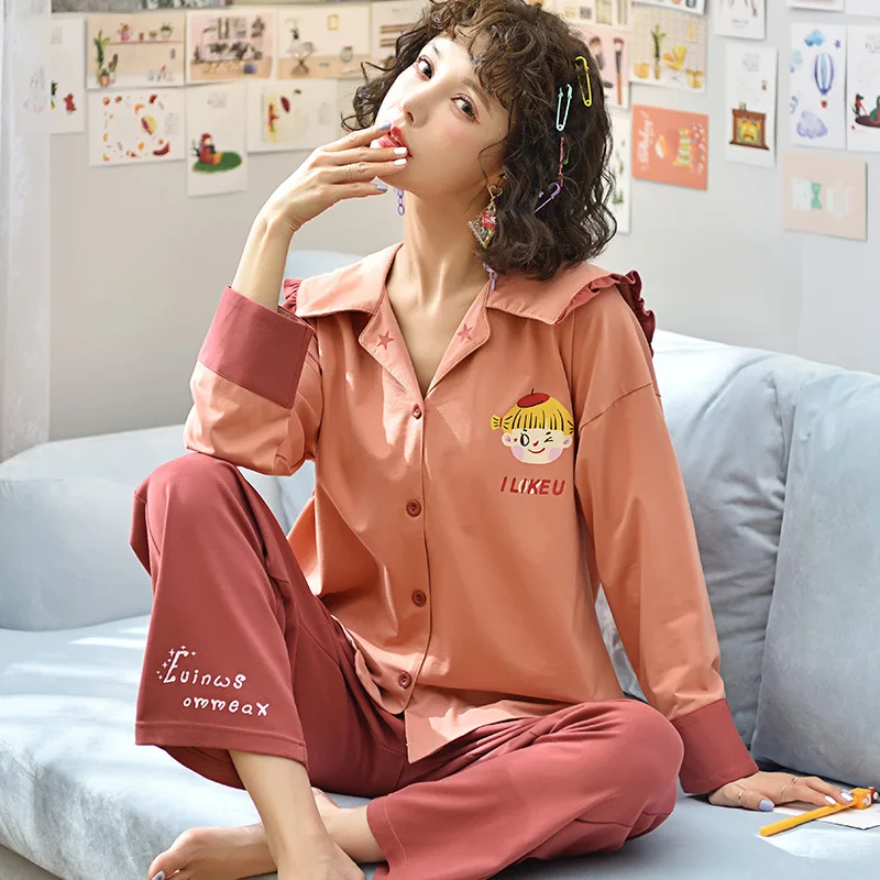 Осенне зимний новый хлопковый топ с отворотом + длинные штаны комплект из 2