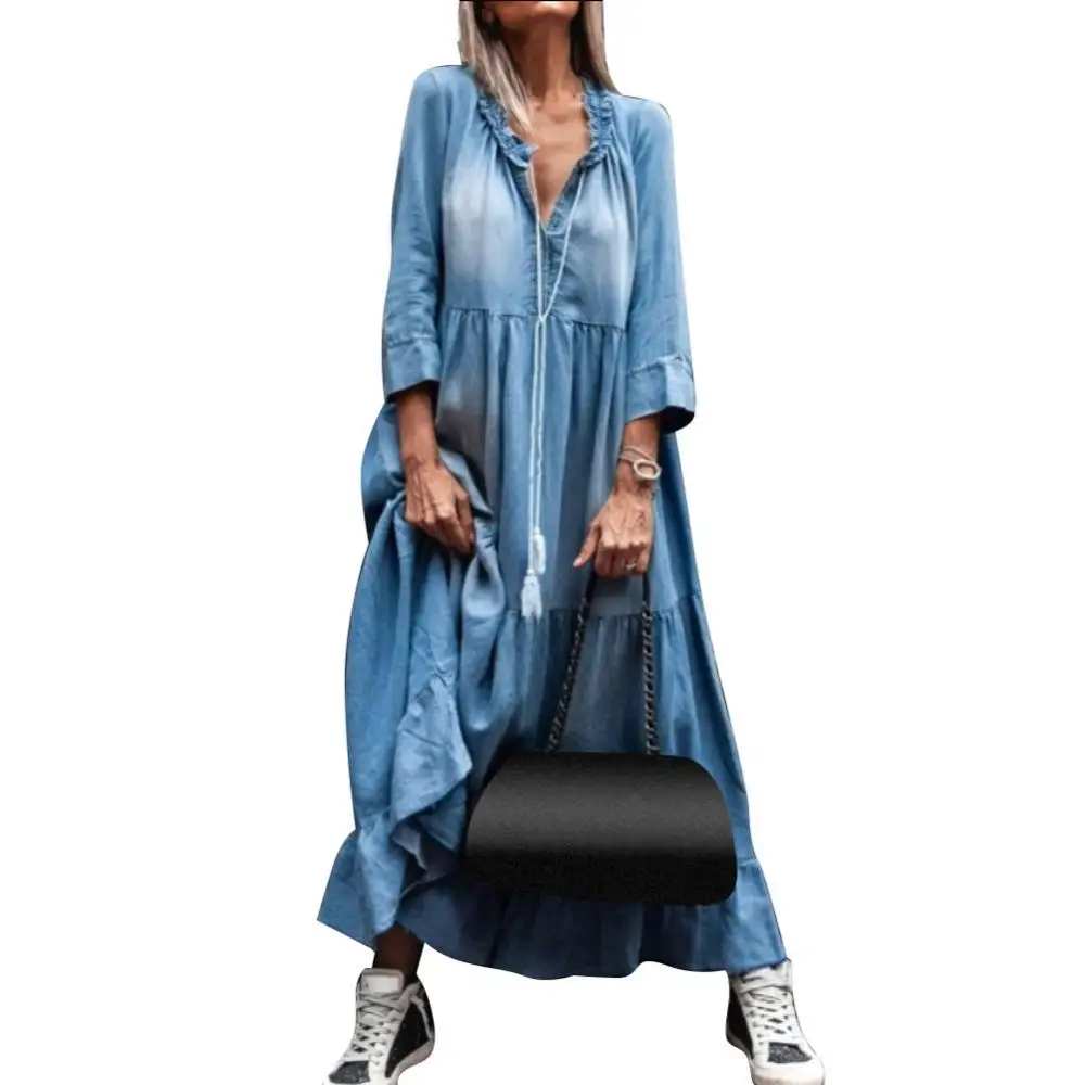 

Женское джинсовое платье, винтажное кружевное платье макси, с длинным рукавом размера плюс, с кисточками и V-образным вырезом, свободное, осе...