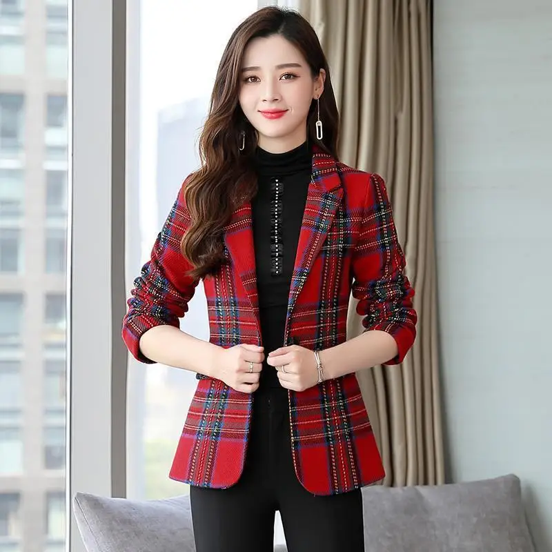 

Vintage Loose Women Plaid Blazer 2021 Spring Autumn Single Breasted Female Long Sleeve Suit Jackets Stylish Ladies Blazer