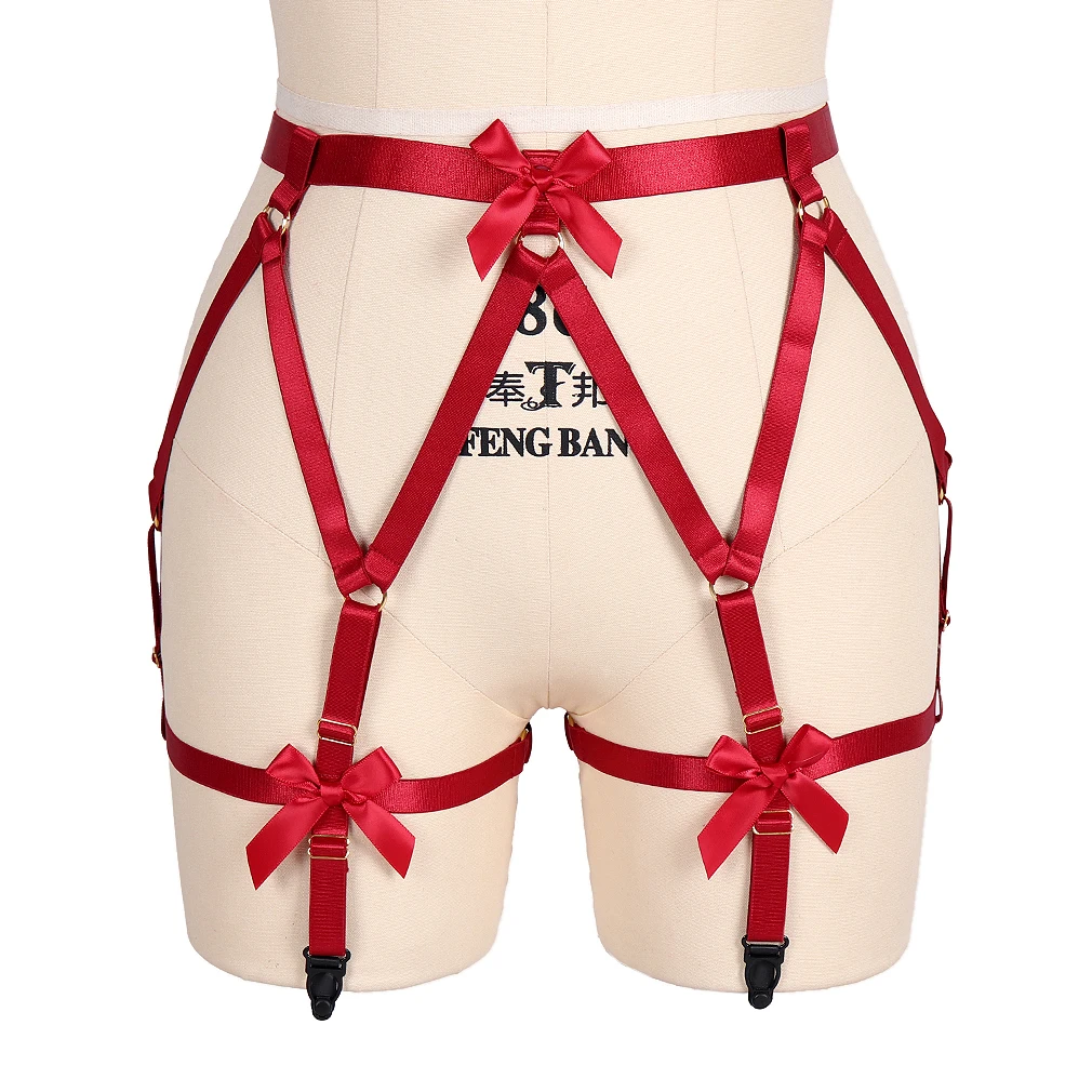 

Goth Bondage Leg Stockings Red Bow Garter Belt Women Fetish Body Harness Cage Sexy Lingerie Rave Wear Pole Dance Harness Garters