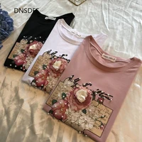 100 pure cotton t shirt women short sleeve tops fashion korean flowers beading sequined t shirts pink top summer new print tee