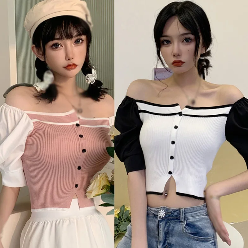 

New Summer Knitted Patchwork T-Shirt Women Elegant Puff Sleeve Casual Smock Blouse Ladies Chic Square Collar Shirt tops
