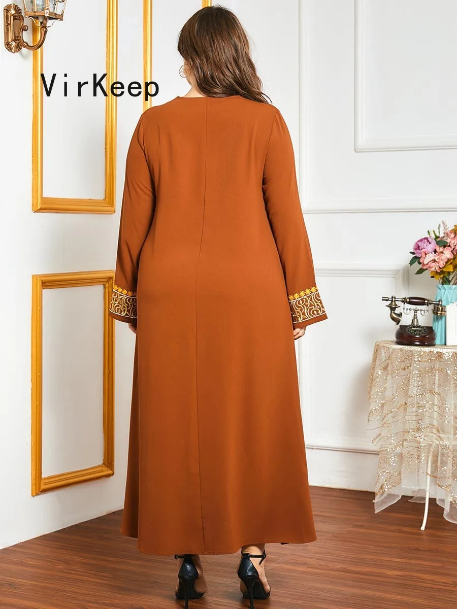

women floral embroidery dress full sleeve robe african dashiki dubai ramadan abaya muslim gown plus size jalabiya VKDR2471