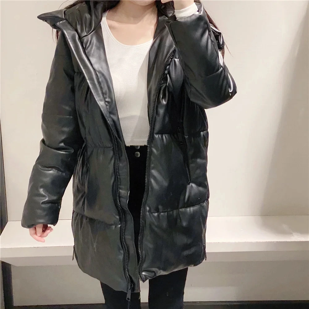 

Withered 2020 Winter Parka Coat Women England High Street Fashion Vintage Oversize Leather Pu Hooded Thick Warm Long Coat Women