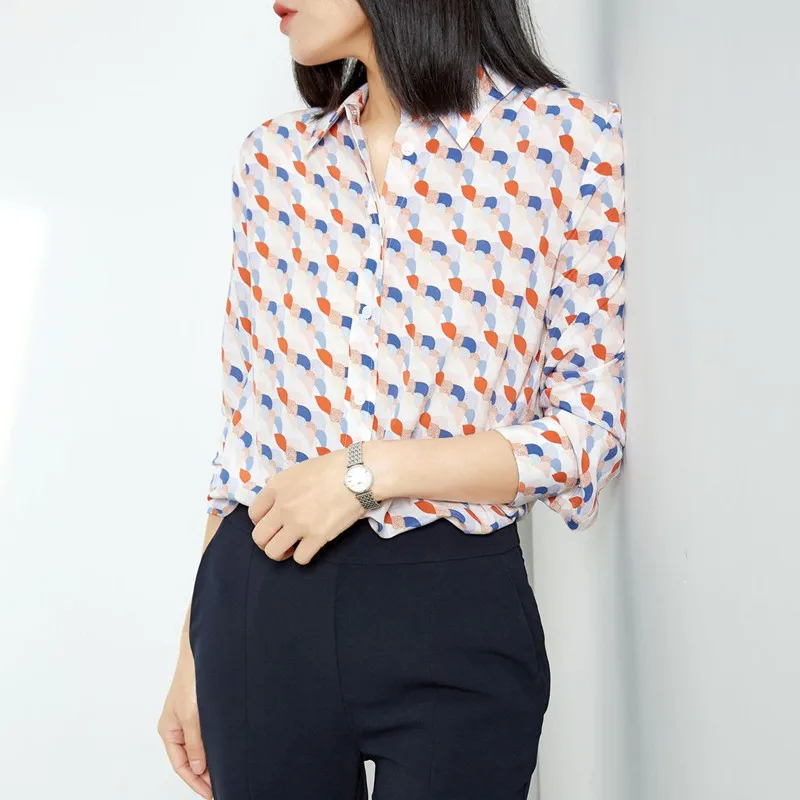 

Женская мягкая рубашка с принтом дельфина, дизайнерская просторная Повседневная блузка из 100% шелка с отложным воротником и длинным рукавом...