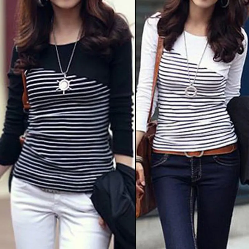 

Autumn Women Striped Printed T-shirts 2020 New Casual Ladies Long Sleeve O-neck Slim Tee Shirt Female Clothing Bottoming Shirt
