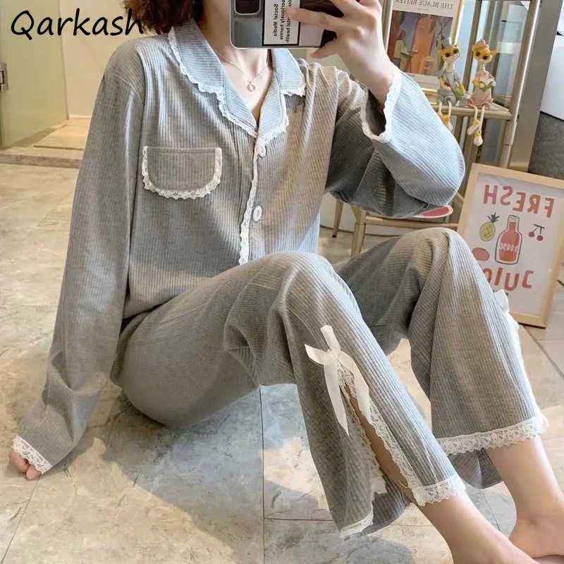 

Pajamas Sets Women Casual Autumn Simple Sleepwear Long Sleeve Tops Pants Two Pieces Korean Fashion Loose Cute Harajuku Comfort