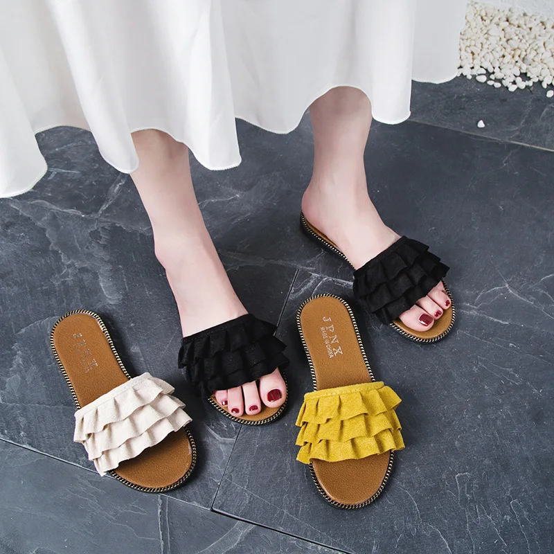 

Women Slippers Candy Color Slides Woman Shoes Summer Flats Denim Slippers Lace Slide wrinkle Ladies Shoes zapatos mujer TX459
