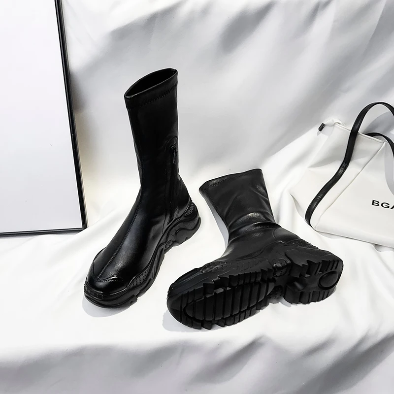 С волнообразным краем Zapatos De Mujer 2019 зимние Черная женская обувь модные сапоги
