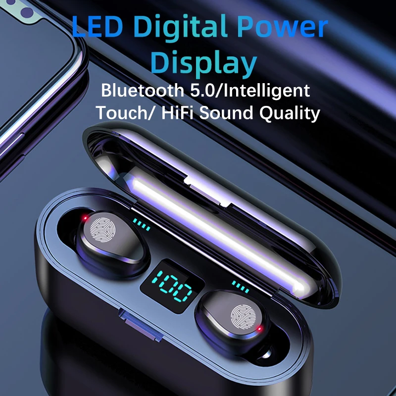 New F9 Wireless Headphone Bluetooth 5.0 Earphone TWS HIFI Mini In-ear Sport Running Headset for all smartphone HD Call | Электроника