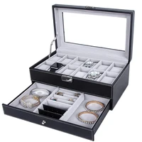 fashion watch box double layer 12 detachable slot watch organizer storage box collection faux leather watch box with glasstop