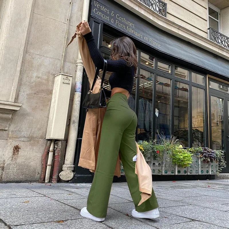 

2021 High Waist Solid Zip Up Botton Wide Leg Pants Spring jeans Women Fashion Streetwear Casual Trousers Office Lady Sexy Slim