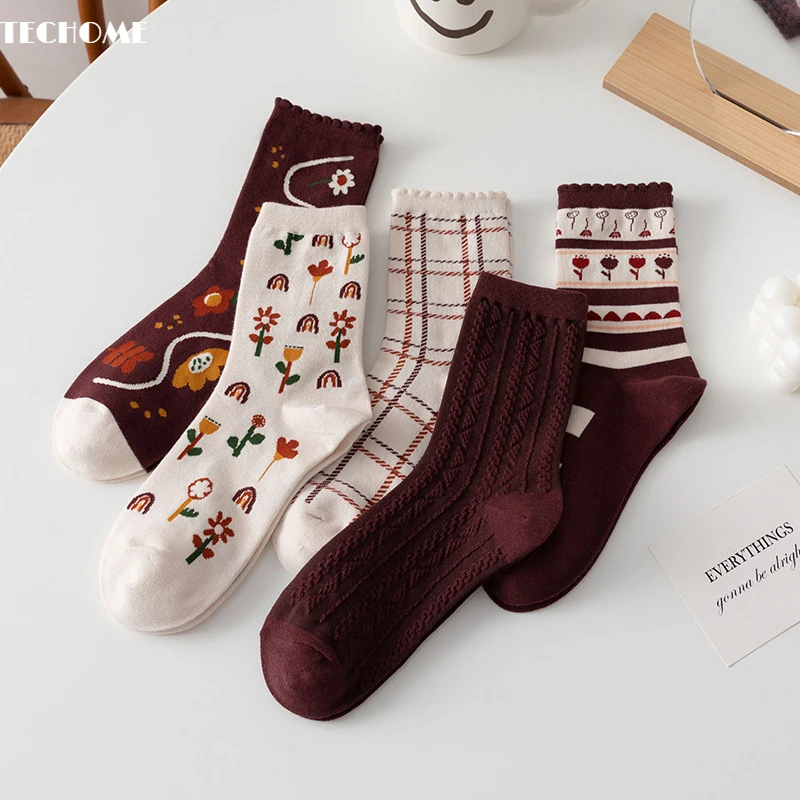 

5Pairs/set Girls Coffee Socks Women Autumn Cotton Socks Tube Socks Retro Street Spring Long Tube Stockings Cute Japanese
