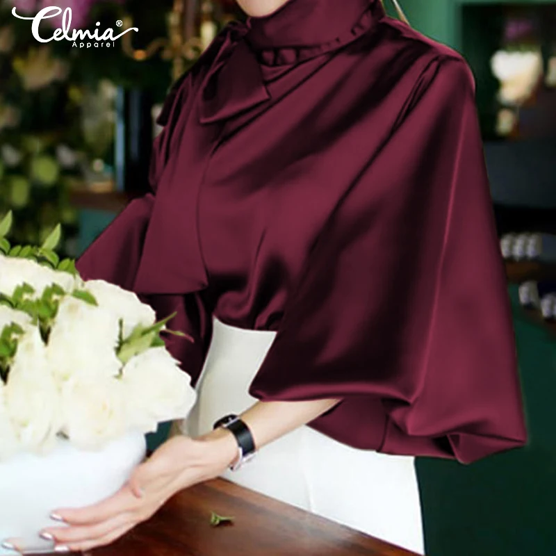 Элегантная женская офисная блузка с высоким воротником длинным рукавом и бантом