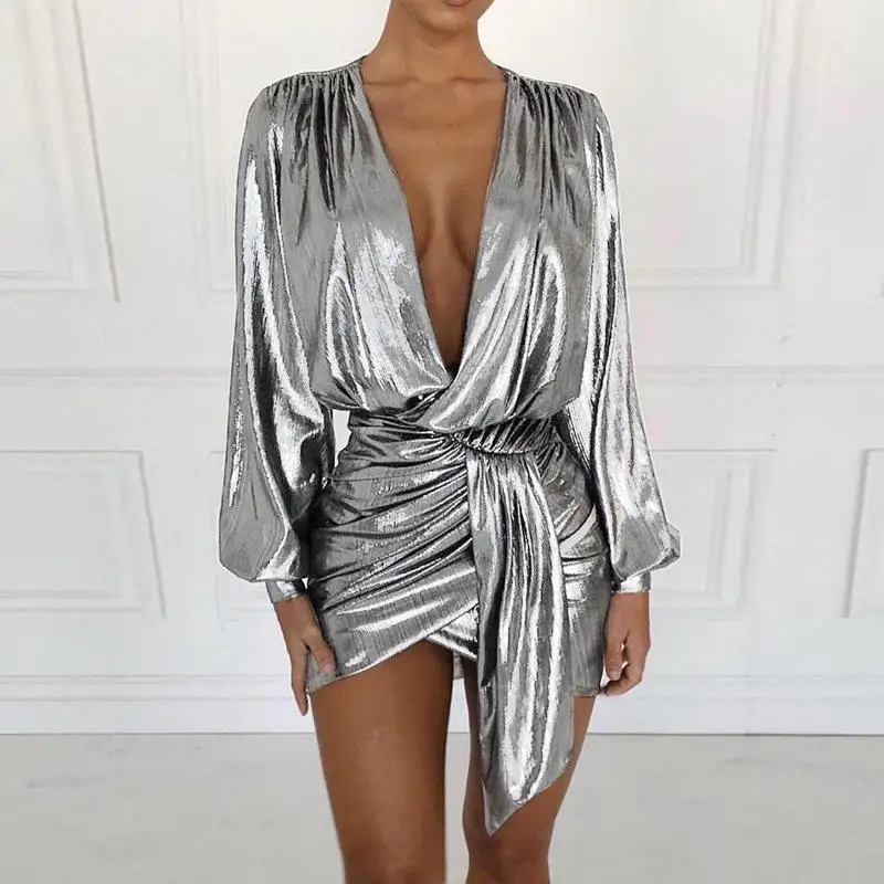 

Платье женское Плиссированное с длинным рукавом и глубоким V-образным вырезом