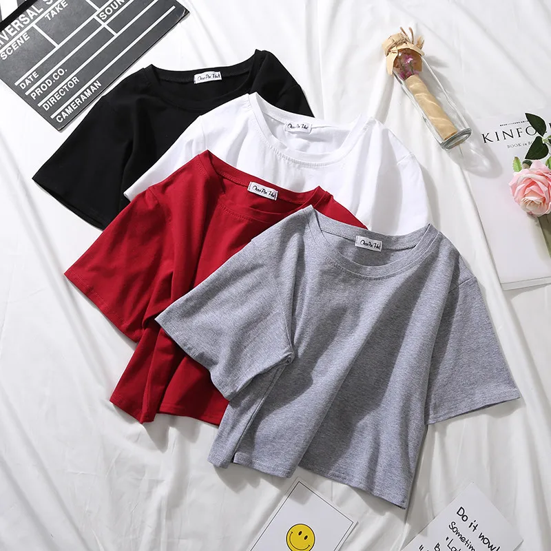 

2021 Summer Short Sleeve T Shirts Women Cotton Solid T-shirt O Neck High Waist Crop Top Tee Female Casual Loose T Shirt