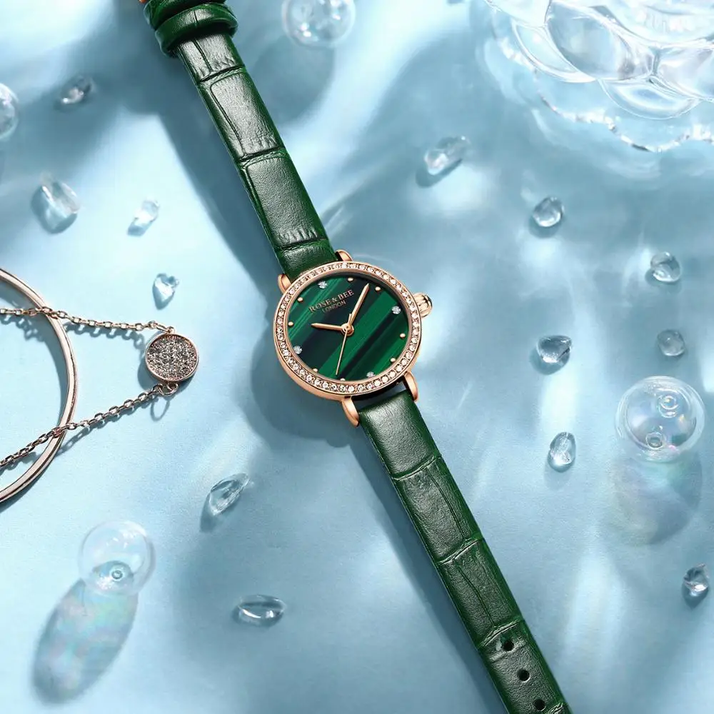 

2021 NEW Japan Quartz Malachite Green Dial Diamonds Luxury Ladies Watch Genuine Leather Waterproof Women Rhinestones Watches