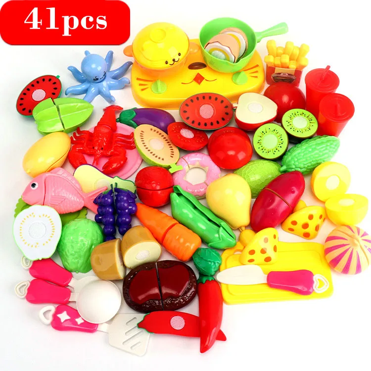 41pcs Ребенок кухня пищевой реквизит игрушечные лошадки для девочек мини овощи фрукты Картофельные Чипсы Сладости фаст еда посуда набор малыш младенче - Цвет: 41pcs