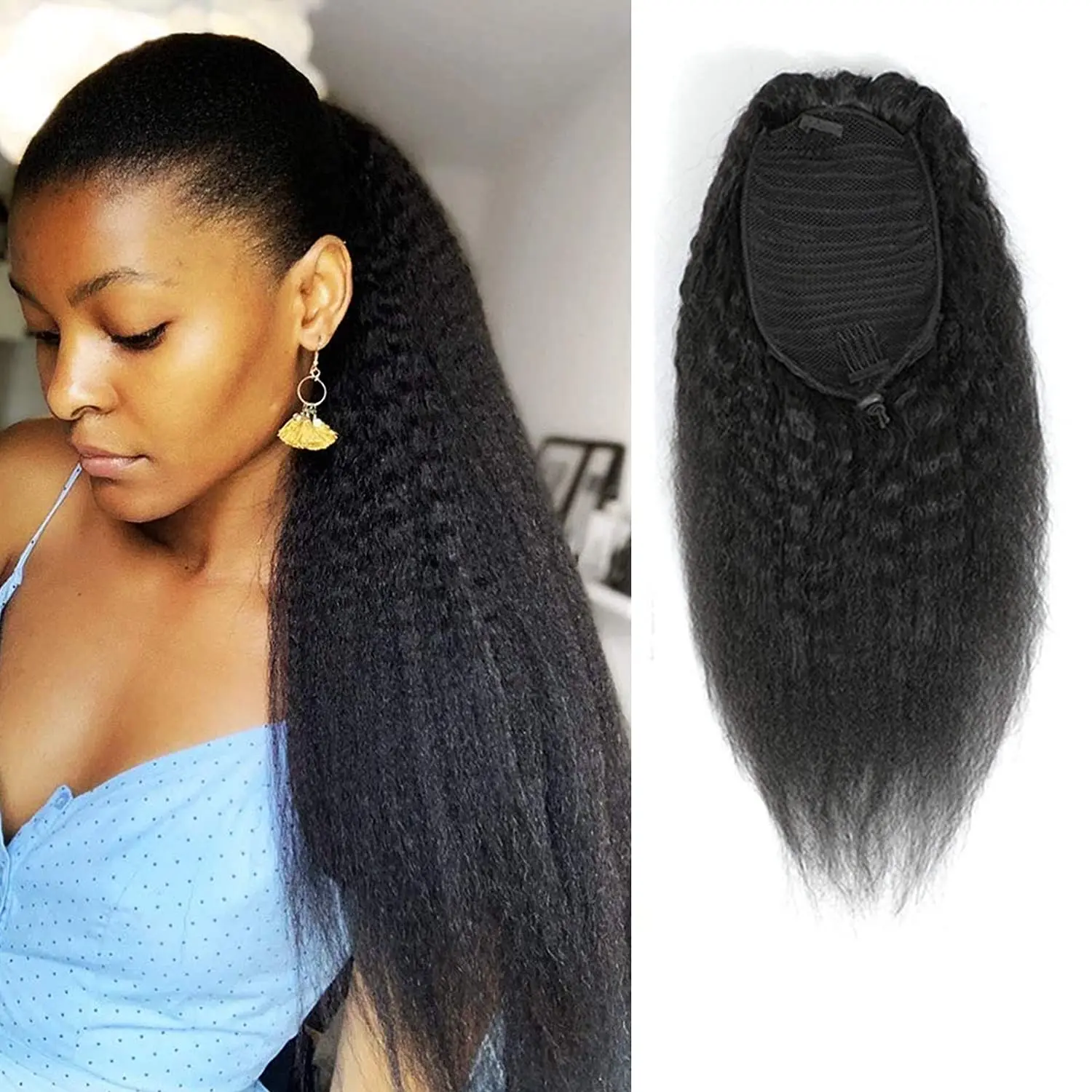 Drawstring Ponytail Human Hair for Black Women Peruvian Kinky Straight Clip Ins Non-Remy Pony Tail Extensions | Шиньоны и парики