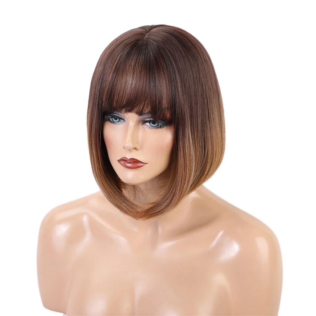 

12 Inch Lady Natural Straight Bob Wigs W/ Flat Bangs For Daily Costume Work Prom
