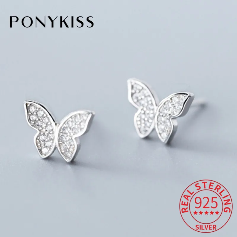 

Женские серьги-гвоздики PONYKISS, 100% Стерлинговое Серебро S925 пробы, минималист, Бабочка, циркон, вечерние элегантные аксессуары, подарок для дев...