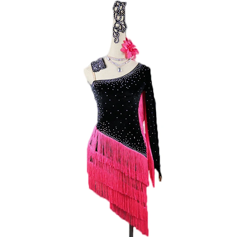 

Rhinestones Latin Dance Dress Women New Adult Child Costume Velvet Tassel Competition Dresses Clothes For Salsa Dance Clothing