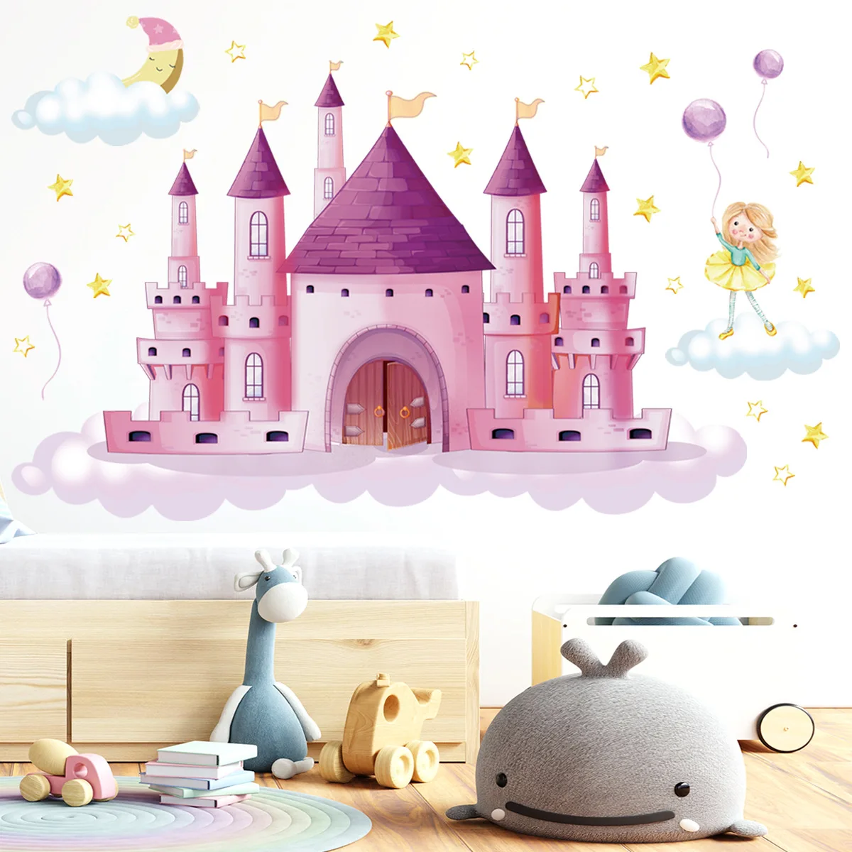 Pink Star Moon Castle Wall Stickers Children's Room Princess Bedroom Background Decoration Cartoon Wallpaper | Дом и сад