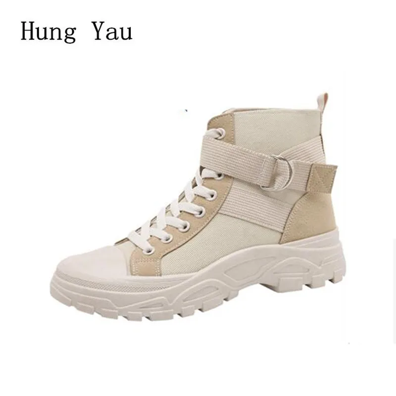 

Женские ботинки из парусины, на плоской подошве, с круглым носком