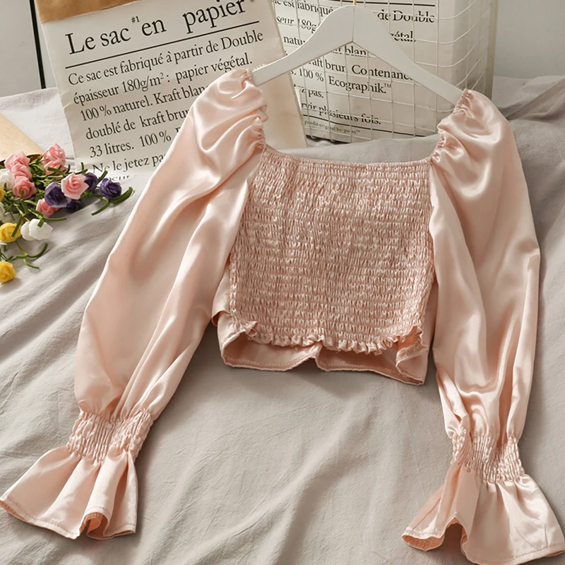 

Spring Women Solid Slash Neck Short Shirts Flare Sleeve Blouses Bow Korean Hollow Out Autumn Fashion Clothing Slim Crop Tops