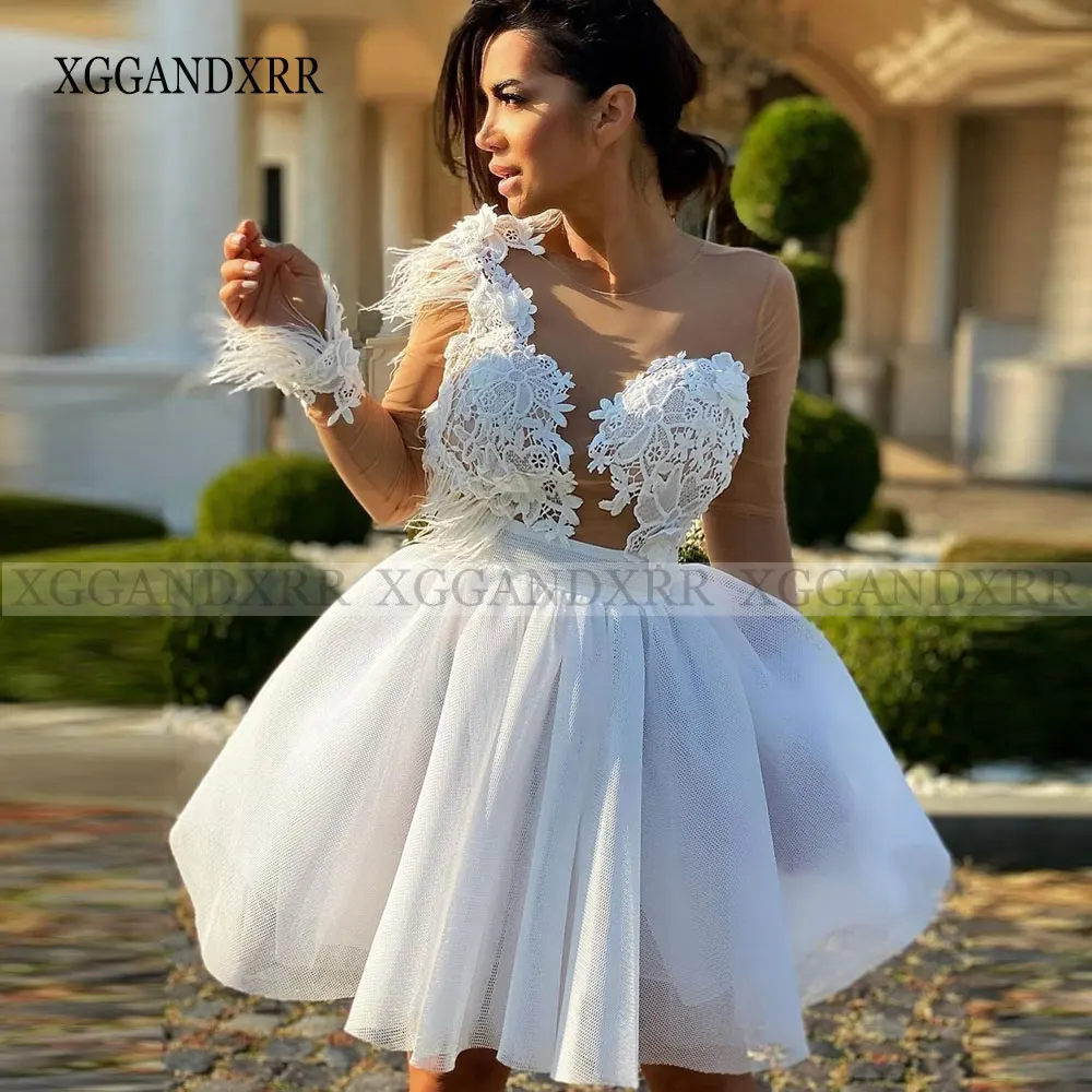 

Sexy O Neck Short Prom Dress Long Sleeves Party Gown Feather Lace Applique Illusion Design Puffy Skirt Birthday Formal Wear