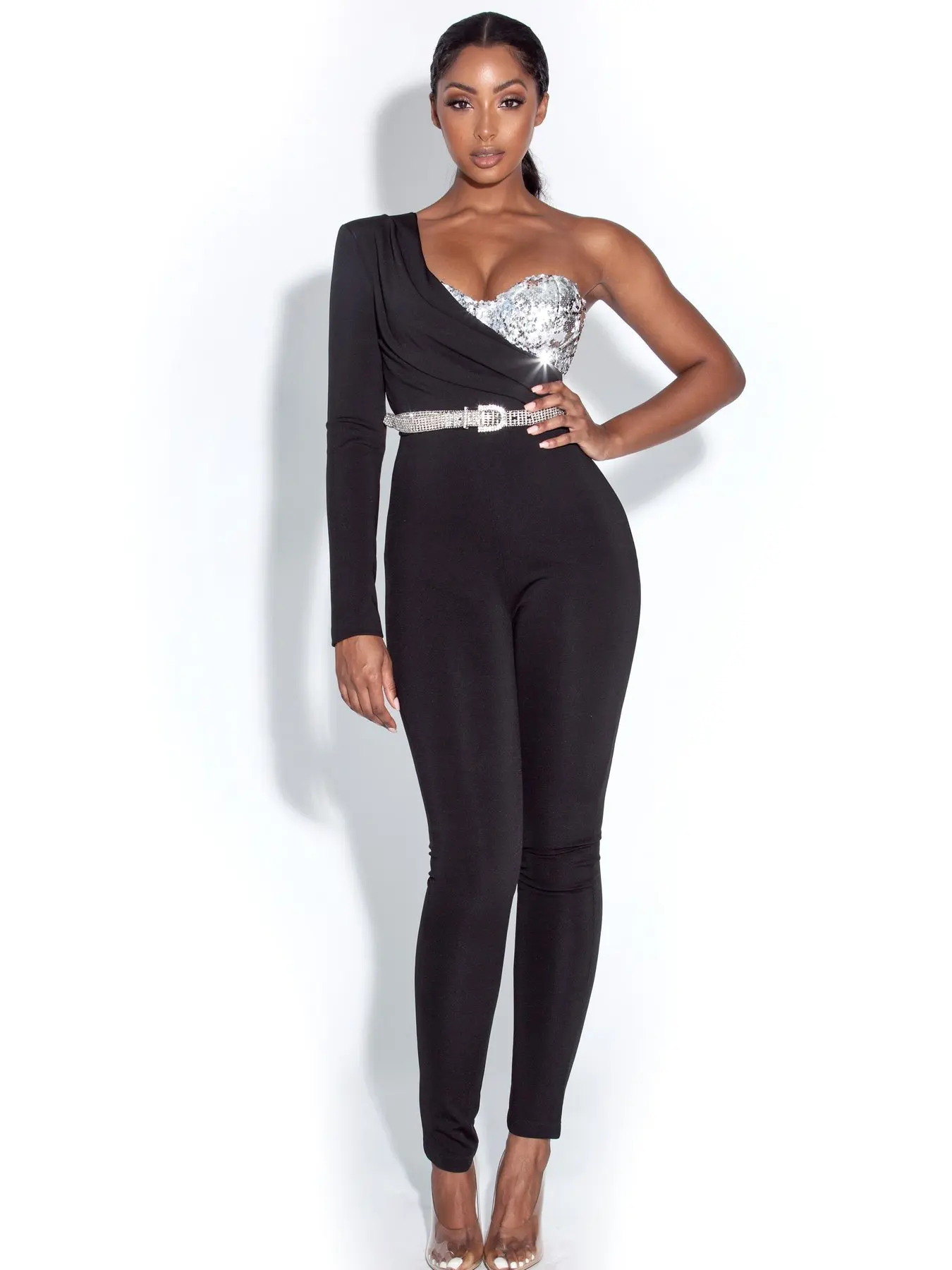2021 New Fashion  Women Designer Black Patchwork One Shoulder Long Sleeve Backless Jumpsuit