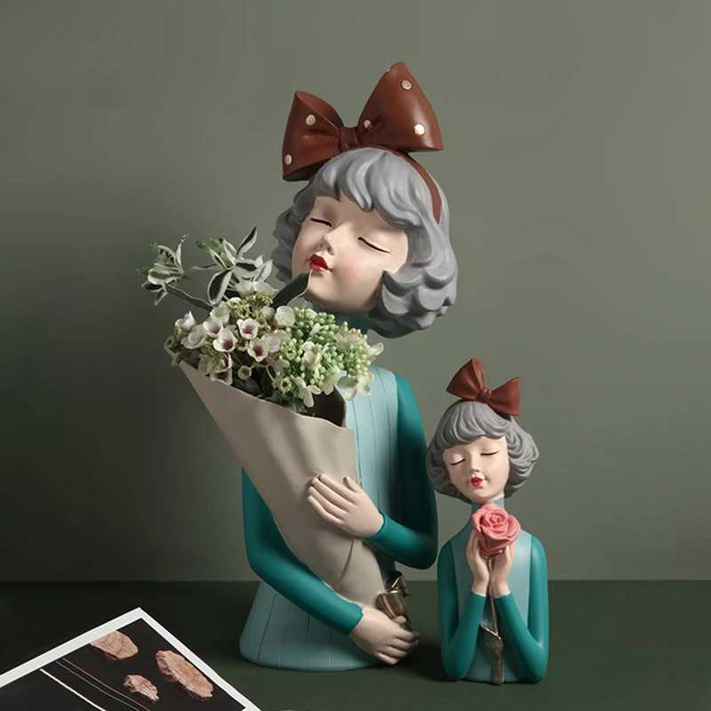 

For Bedroom Table Ornament Nordic Style Resin Vase Girl Holding Vase Statue Cartoon Dried Flower Modern Home Art Decoration
