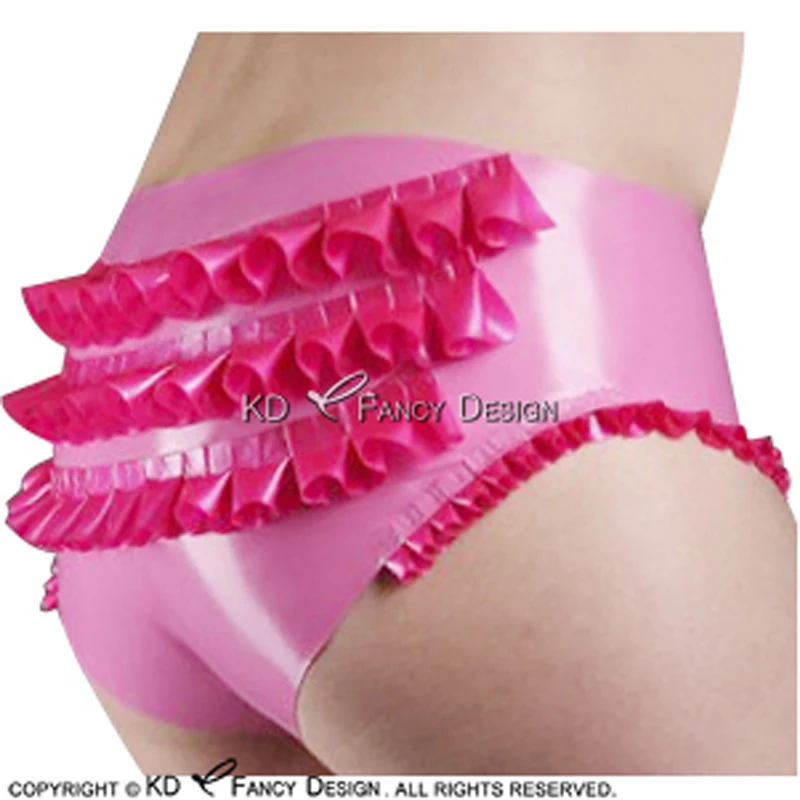 Metallic Pink And Rose Red Sexy Latex Briefs With Ruffles Rubber Underwears Panties Underpants DK-0131
