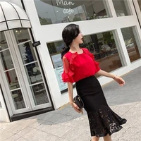 women suit set summer 2022 new short sleeve chiffon blouse shirt and lace midi skirt fashion 2 piece sets womens outfits y634